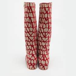 Pre Owned Valentino Beige/Red Iconographe Canvas VLogo Knee Length Boots Size 39