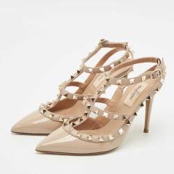 Valentino Beige Patent Leather Rockstud Ankle Strap Pumps Size 36.5