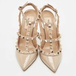 Valentino Beige Patent Leather Rockstud Ankle Strap Pumps Size 36.5