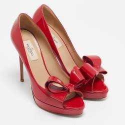 Valentino Red Patent Leather Bow Peep Toe Pumps Size 38.5