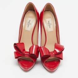 Valentino Red Patent Leather Bow Peep Toe Pumps Size 38.5