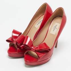 Valentino Red Patent Leather Bow Peep Toe Pumps Size 38.5