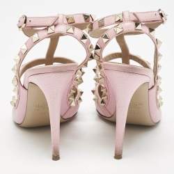 Pre Owned Valentino  Pink Leather Rockstud Caged Pumps Size 38
