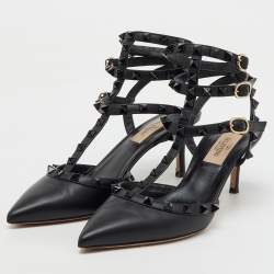 Valentino Black Leather Rockstud Caged Ankle Strap Pumps Size 37