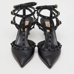 Valentino Black Leather Rockstud Caged Ankle Strap Pumps Size 37