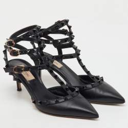 Valentino Black Leather Rockstud Caged Ankle Strap Pumps Size 37