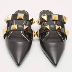 Valentino Black Leather Roman Stud Flat Mules Size 36.5
