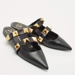 Valentino Black Leather Roman Stud Flat Mules Size 36.5