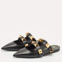 Valentino Black Leather Roman Stud Flat Mules Size 36.5