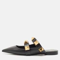 Valentino Black Leather Roman Stud Flat Mules Size 36.5
