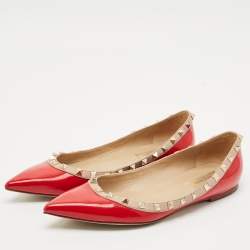 Valentino Red/Pink Patent Leather Rockstud Pointed Toe Ballet Flats Size 39