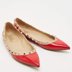 Valentino Red/Pink Patent Leather Rockstud Pointed Toe Ballet Flats Size 39