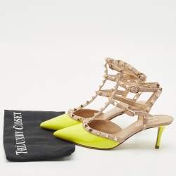 Valentino Yellow/Beige Patent Leather Rockstud Caged Ankle Strap Pumps Size 37