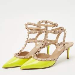 Valentino Yellow/Beige Patent Leather Rockstud Caged Ankle Strap Pumps Size 37