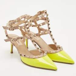 Valentino Yellow/Beige Patent Leather Rockstud Caged Ankle Strap Pumps Size 37