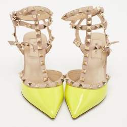 Valentino Yellow/Beige Patent Leather Rockstud Caged Ankle Strap Pumps Size 37