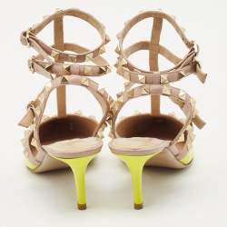 Valentino Yellow/Beige Patent Leather Rockstud Caged Ankle Strap Pumps Size 37