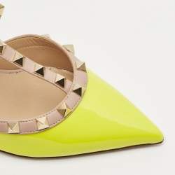 Valentino Yellow/Beige Patent Leather Rockstud Caged Ankle Strap Pumps Size 37