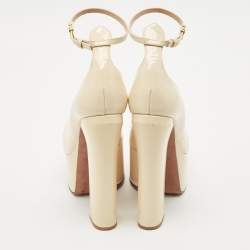 Pre Owned Valentino Cream Patent Leather Tango Platform Ankle Strap Block Heel Pumps Size 37