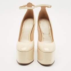 Pre Owned Valentino Cream Patent Leather Tango Platform Ankle Strap Block Heel Pumps Size 37