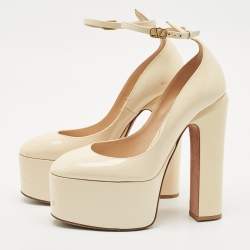 Pre Owned Valentino Cream Patent Leather Tango Platform Ankle Strap Block Heel Pumps Size 37