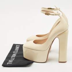 Pre Owned Valentino Cream Patent Leather Tango Platform Ankle Strap Block Heel Pumps Size 37