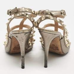 Valentino Metallic Grey Leather Rockstud Caged Ankle Strap Pumps Size 37
