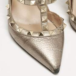 Valentino Metallic Grey Leather Rockstud Caged Ankle Strap Pumps Size 37