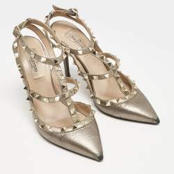 Valentino Metallic Grey Leather Rockstud Caged Ankle Strap Pumps Size 37