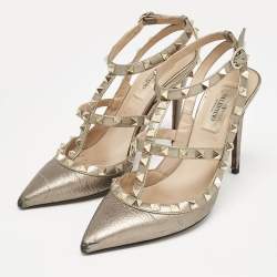 Valentino Metallic Grey Leather Rockstud Caged Ankle Strap Pumps Size 37