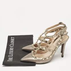 Valentino Metallic Grey Leather Rockstud Caged Ankle Strap Pumps Size 37