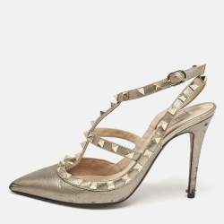 Valentino Metallic Grey Leather Rockstud Caged Ankle Strap Pumps Size 37