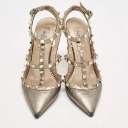 Valentino Metallic Grey Leather Rockstud Caged Ankle Strap Pumps Size 37