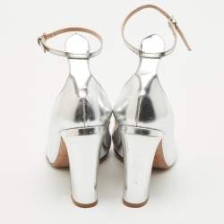 Valentino Silver Leather Tango Ankle Strap Block Heel Pumps Size 40