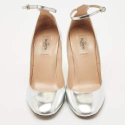 Valentino Silver Leather Tango Ankle Strap Block Heel Pumps Size 40