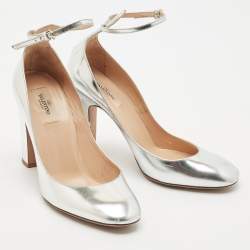 Valentino Silver Leather Tango Ankle Strap Block Heel Pumps Size 40