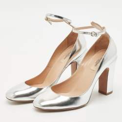 Valentino Silver Leather Tango Ankle Strap Block Heel Pumps Size 40
