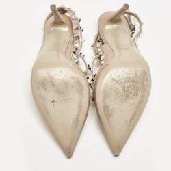 Valentino Beige Leather Rockstud Caged Ankle Strap Pumps Size 40.5