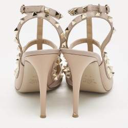 Valentino Beige Leather Rockstud Caged Ankle Strap Pumps Size 40.5