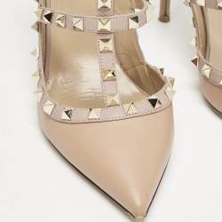 Valentino Beige Leather Rockstud Caged Ankle Strap Pumps Size 40.5