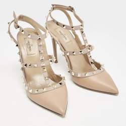 Valentino Beige Leather Rockstud Caged Ankle Strap Pumps Size 40.5