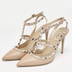 Valentino Beige Leather Rockstud Caged Ankle Strap Pumps Size 40.5