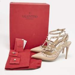 Valentino Beige Leather Rockstud Caged Ankle Strap Pumps Size 40.5