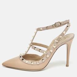Valentino Beige Leather Rockstud Caged Ankle Strap Pumps Size 40.5