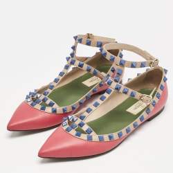 Valentino Pink/Beige Leather Rockstud Cage Ballet Flats Size 36.5
