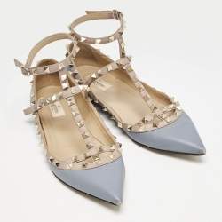 Valentino Pale Blue/Beige Leather Rockstud Caged Pointed Toe Ballet Flats Size 41
