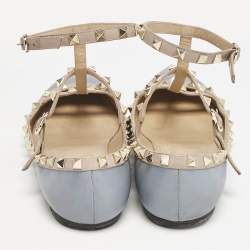 Valentino Pale Blue/Beige Leather Rockstud Caged Pointed Toe Ballet Flats Size 41