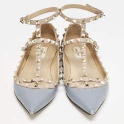 Valentino Pale Blue/Beige Leather Rockstud Caged Pointed Toe Ballet Flats Size 41