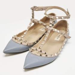 Valentino Pale Blue/Beige Leather Rockstud Caged Pointed Toe Ballet Flats Size 41