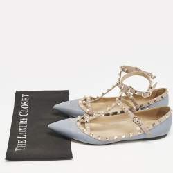 Valentino Pale Blue/Beige Leather Rockstud Caged Pointed Toe Ballet Flats Size 41